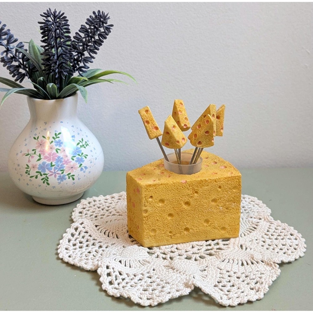 Vintage Swiss Cheese Cocktail Picks Set‎ with Holder | 6 Appetizer Forks